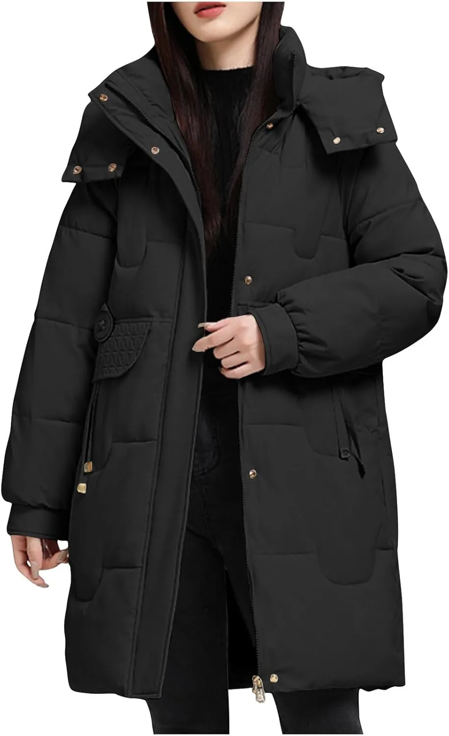 XUNRYAN Womens Quilted Puffer Jackets Thicken Winter Down Coat Mid Long Parka Anorak Overcoat Hooded Full Zip Outwear Pockets