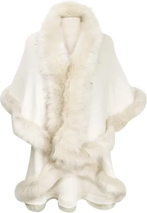 ZLYC Women Fine Knit Open Front Faux Fur Trim Layers Poncho Cape Cardigan Sweater