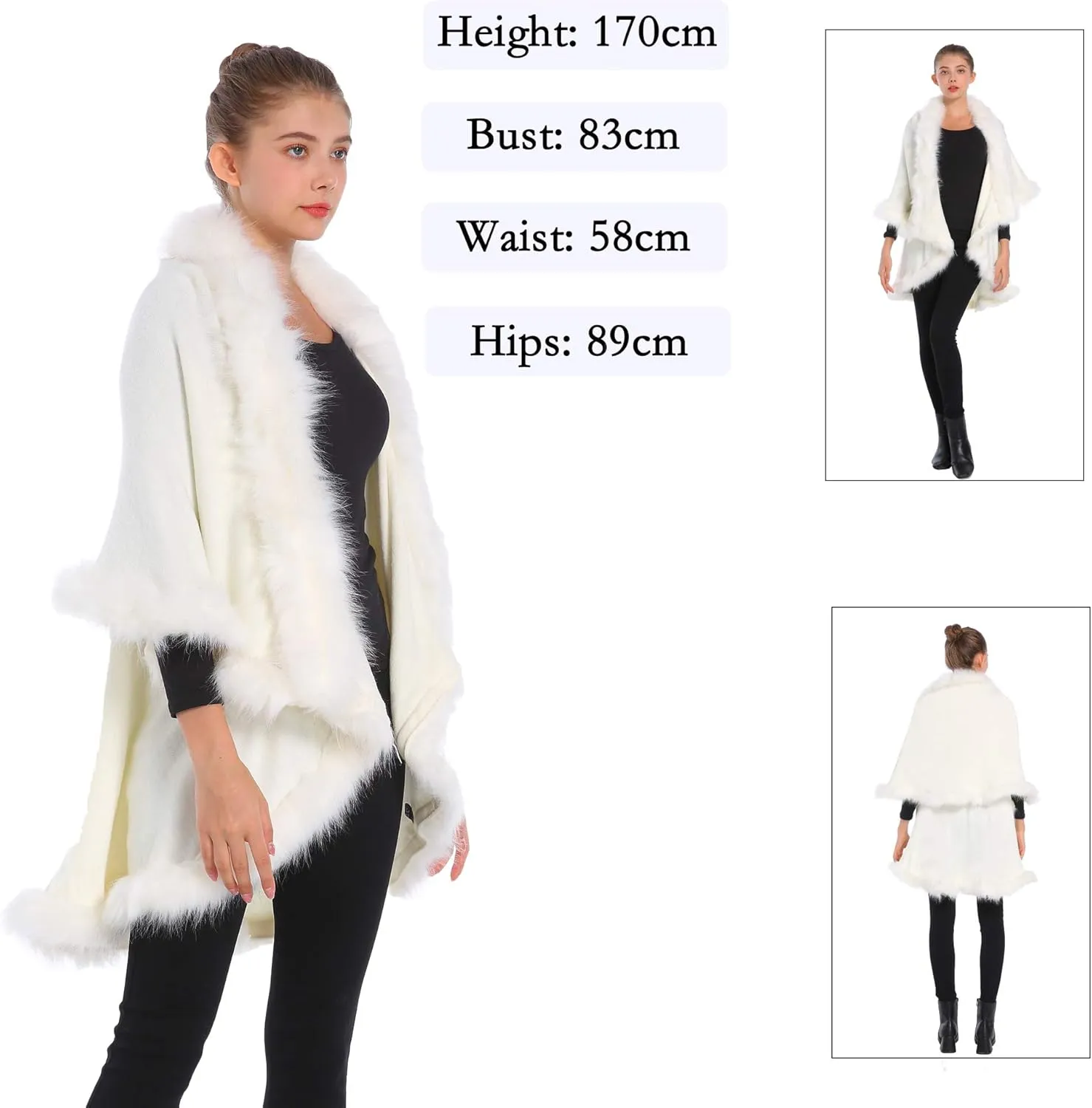 ZLYC Women Fine Knit Open Front Faux Fur Trim Layers Poncho Cape Cardigan Sweater