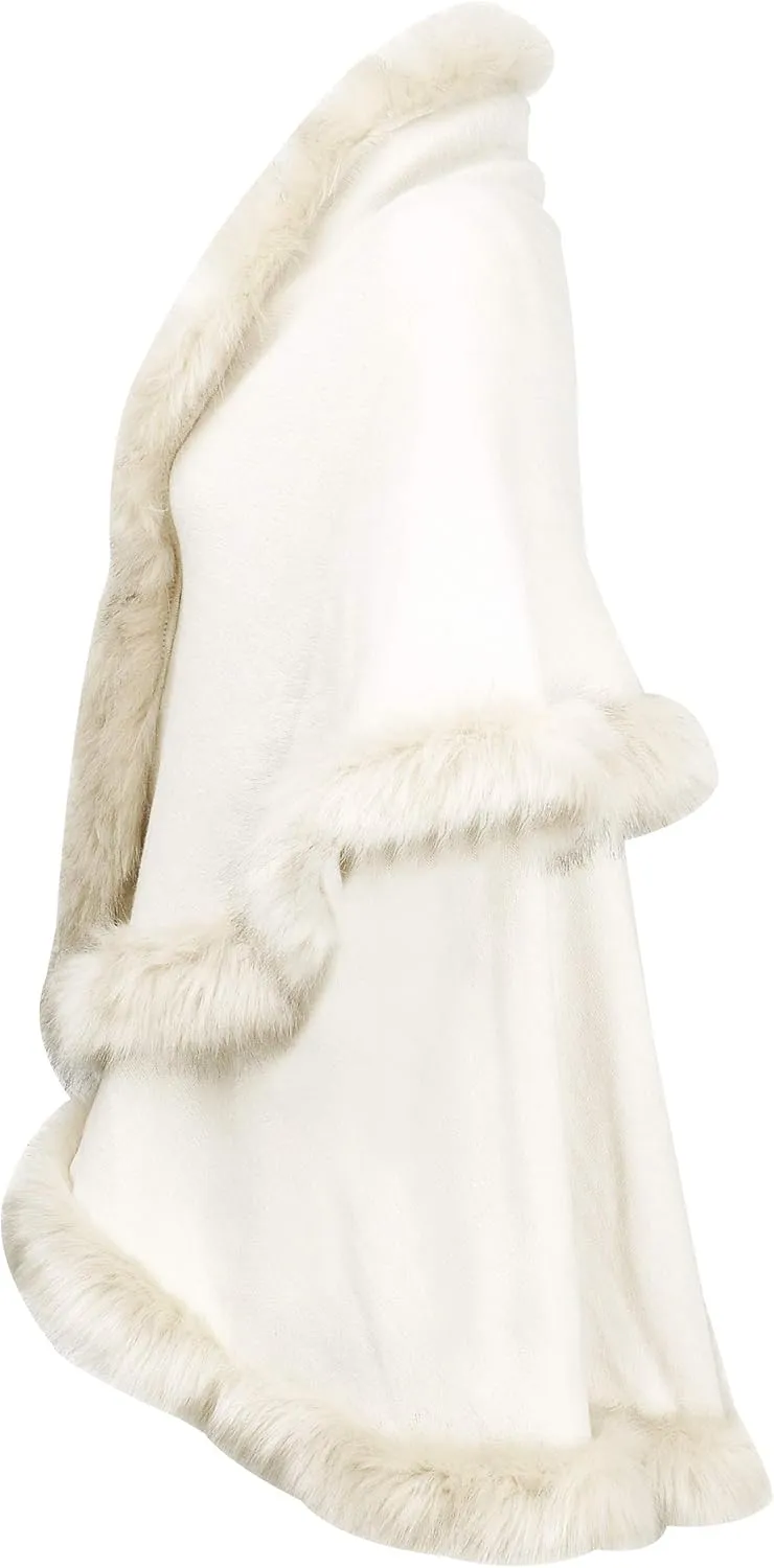 ZLYC Women Fine Knit Open Front Faux Fur Trim Layers Poncho Cape Cardigan Sweater