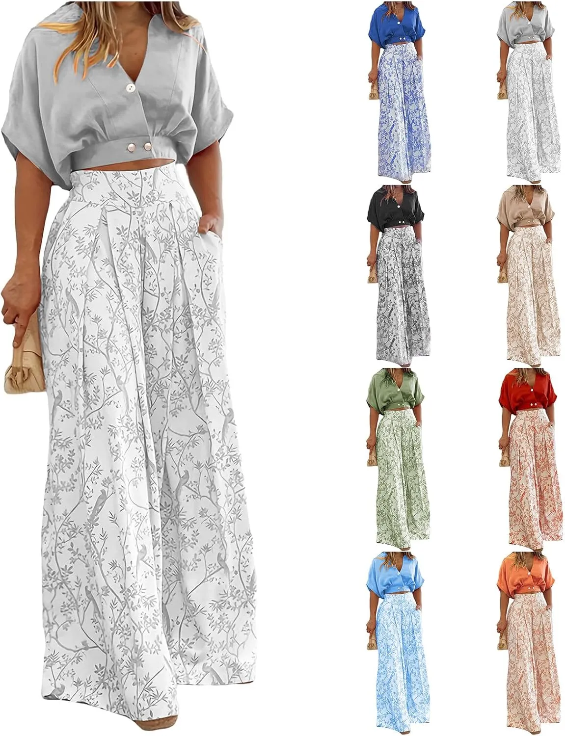 ZWRXW Boho 2 Piece Sets for Women Summer Outfits Batwing Sleeve V Neck Crop Tops and Wide Leg Pants Sets Dressy Business Suit