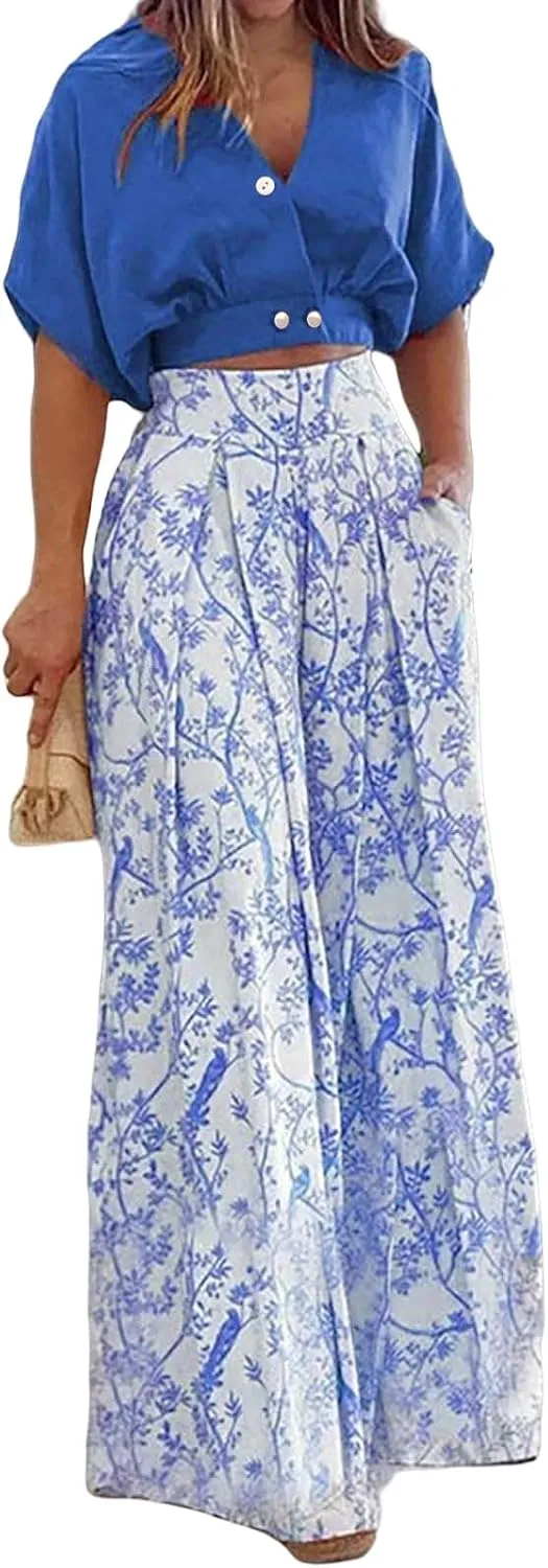 ZWRXW Boho 2 Piece Sets for Women Summer Outfits Batwing Sleeve V Neck Crop Tops and Wide Leg Pants Sets Dressy Business Suit